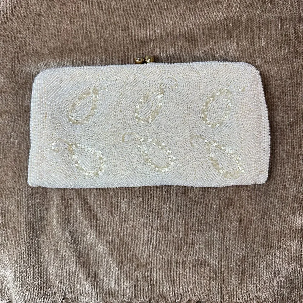 Vintage Cream Hand Beaded in Belgium Clutch bag with Coin Purse